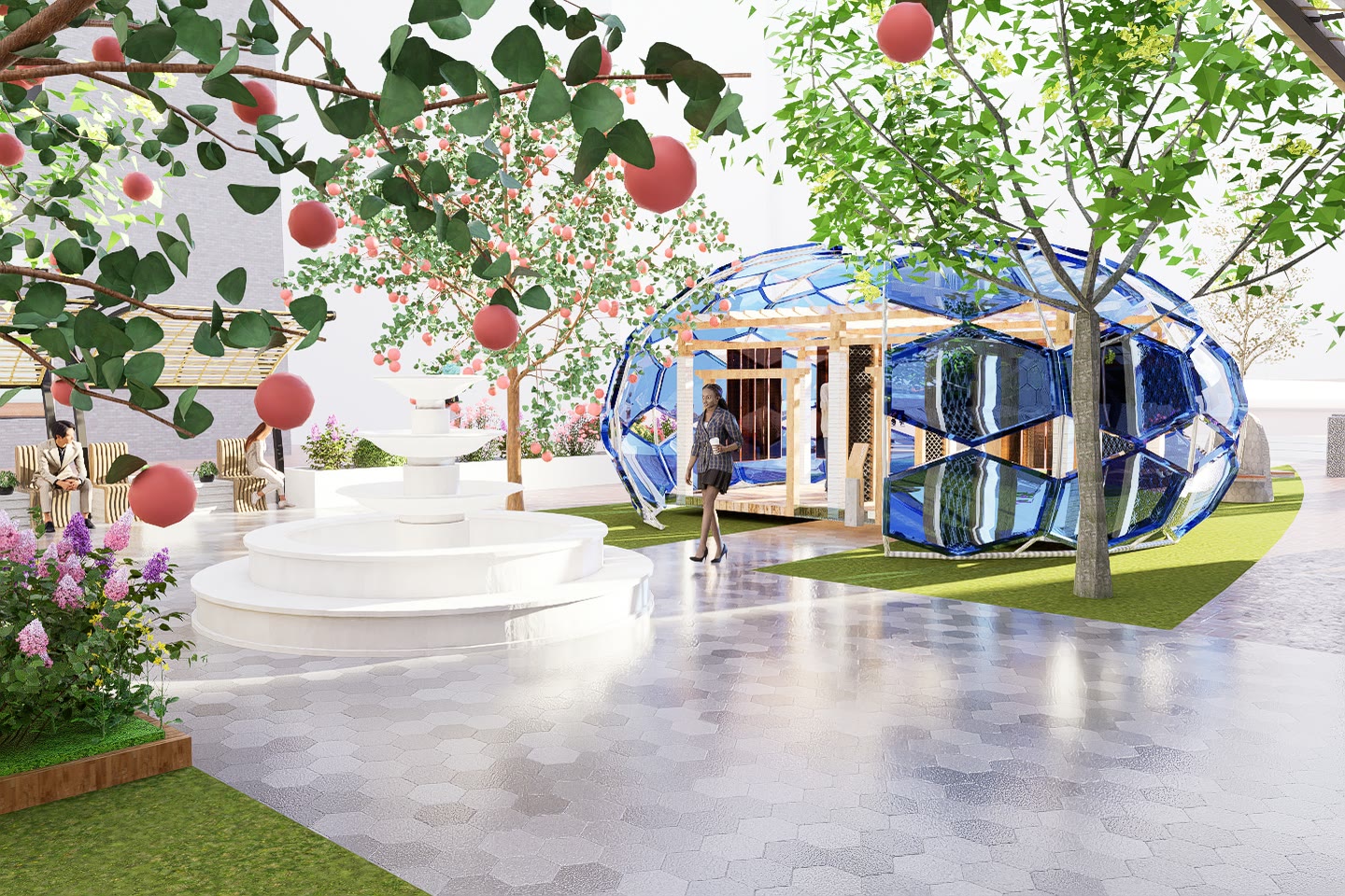 Render of the serpentine timber bench on the lawn