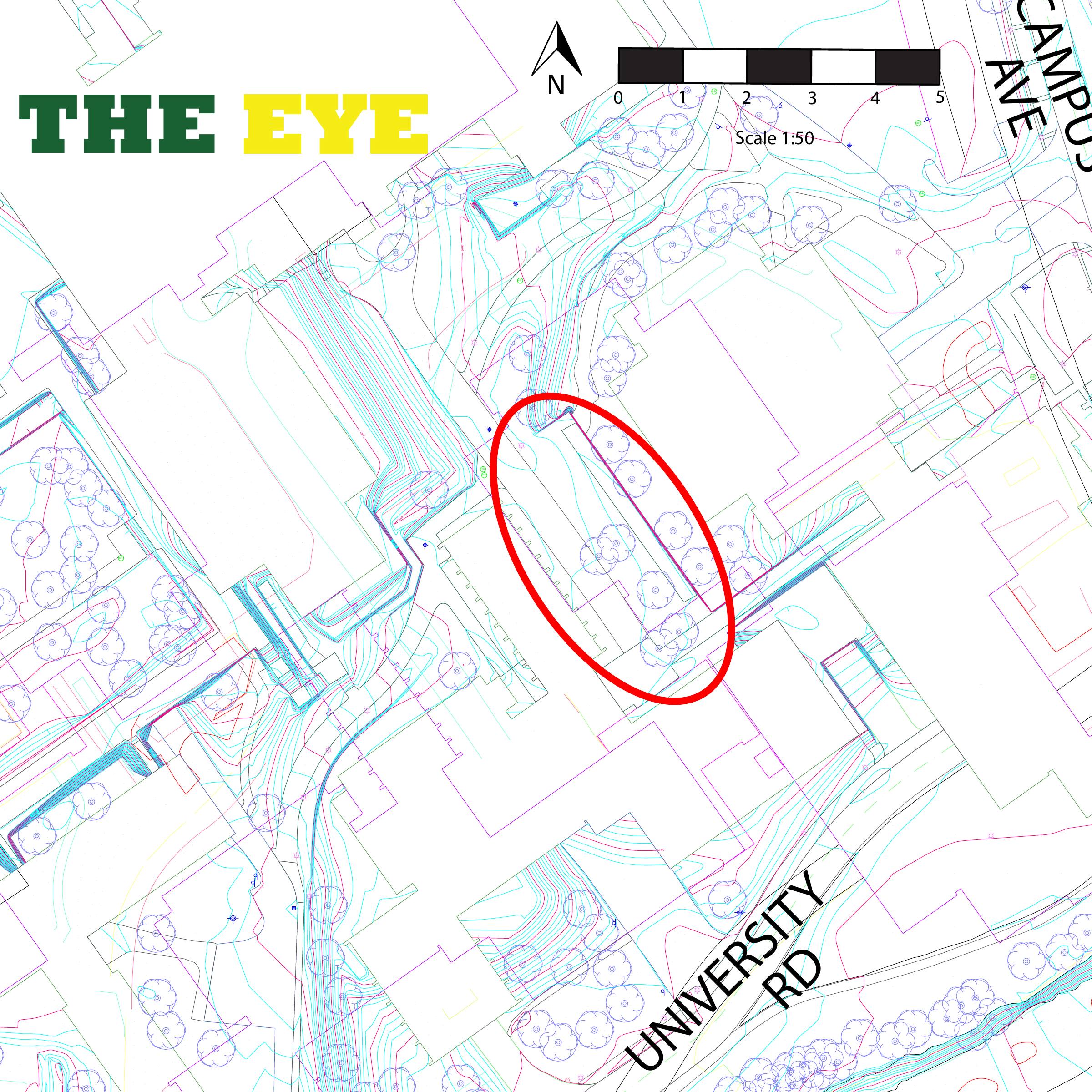 General site plan of the courtyard showing the lens geometry, paving, planting, the water feature and the surrounding buildings