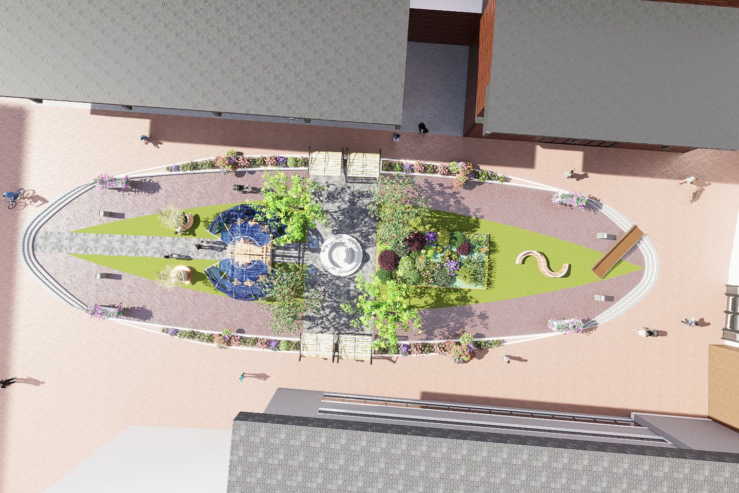 Overhead render of the courtyard showing the lens shaped lawn, the circular water feature at its centre, planting beds, a faceted blue canopy, curved seating and the paths that trace the outline