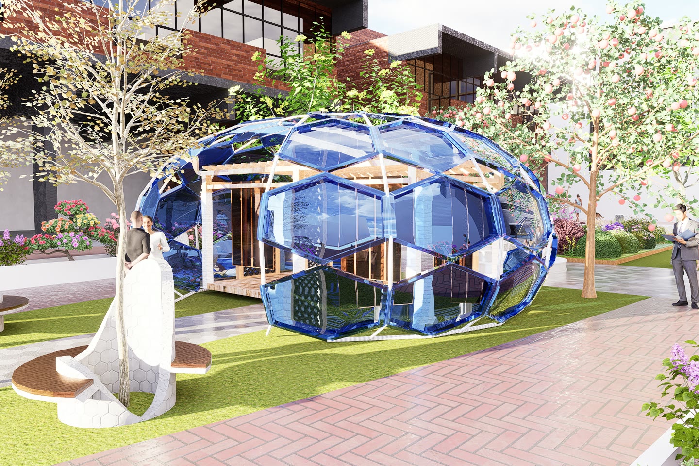 Render of the seating area shaded by trees beside the water feature