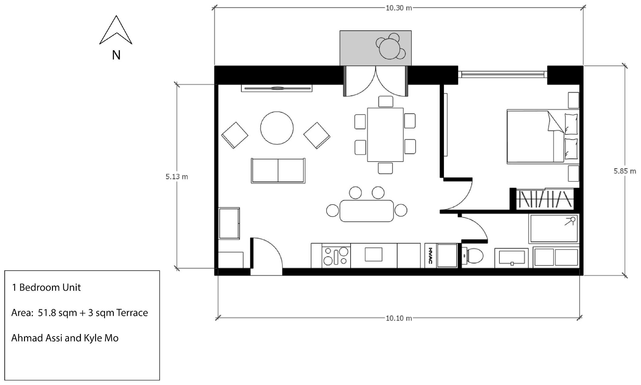 One-bedroom unit plan fully furnished and dimensioned, with the terrace at one end