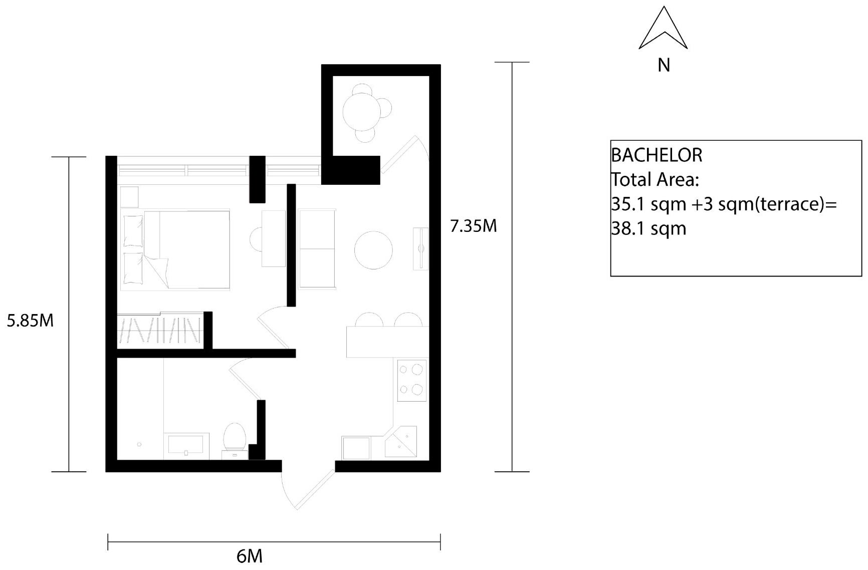 Bachelor unit plan at 6 by 7.35 metres, the bed, bathroom and kitchen set out within 35.1 square metres