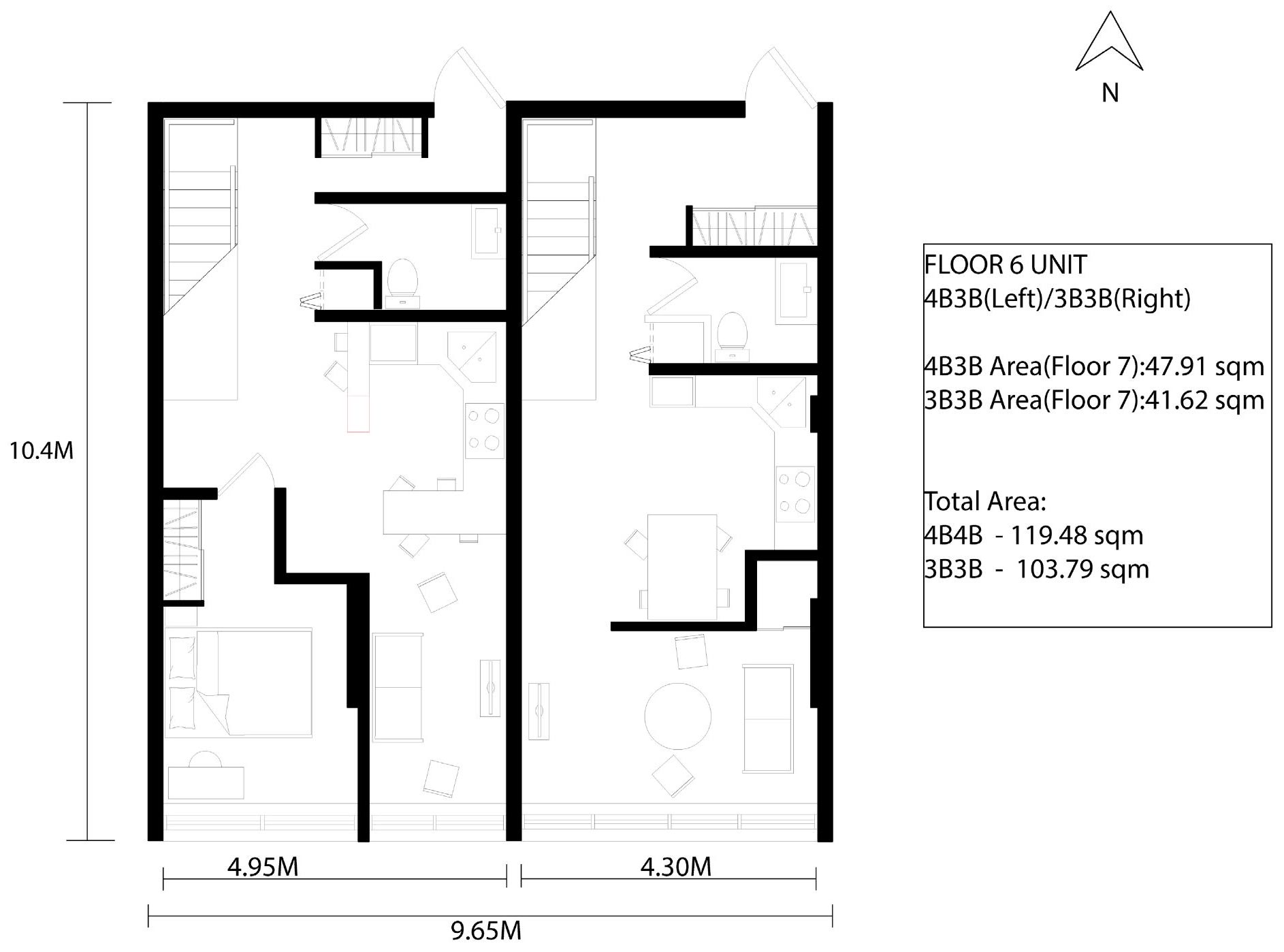The same lower level drawn as an unfurnished outline, showing the party wall and the stair positions across a 9.65 metre frontage