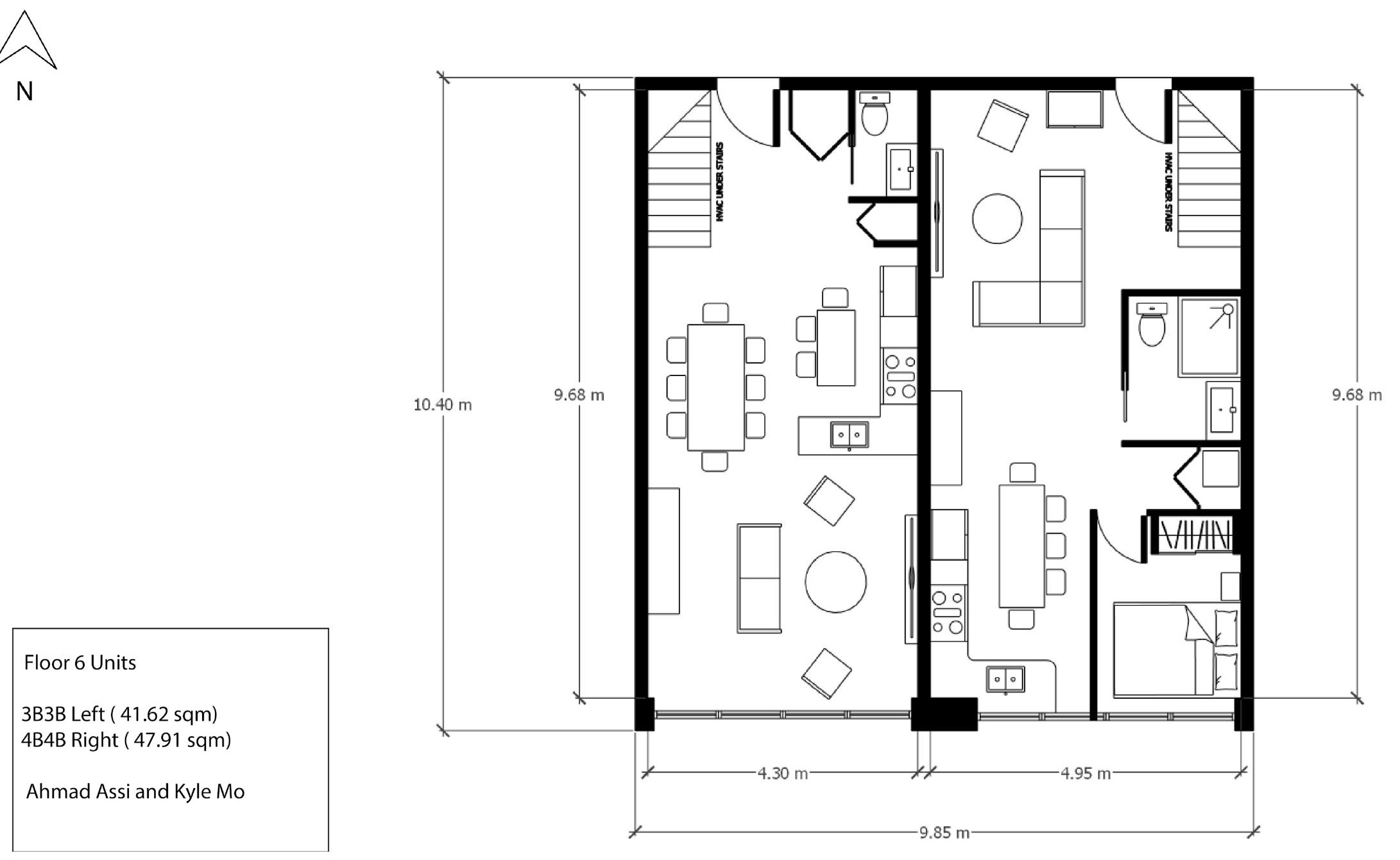 Lower level plan of the two-storey units, the sleeping accommodation set out with dimensions and areas noted