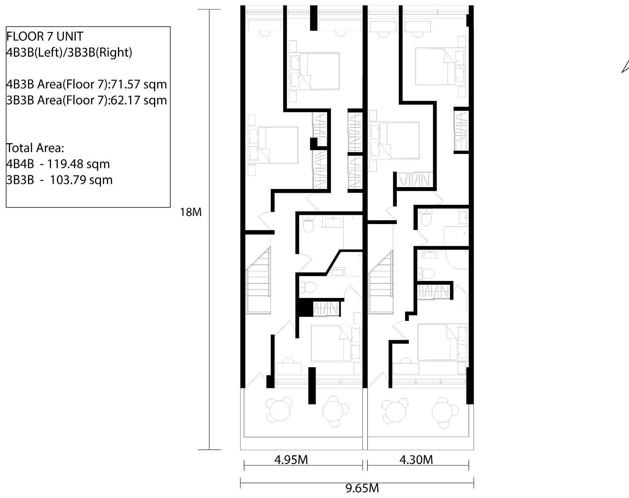 Upper level outline plan of the pair of two-storey units, 18 metres deep on a 9.65 metre frontage