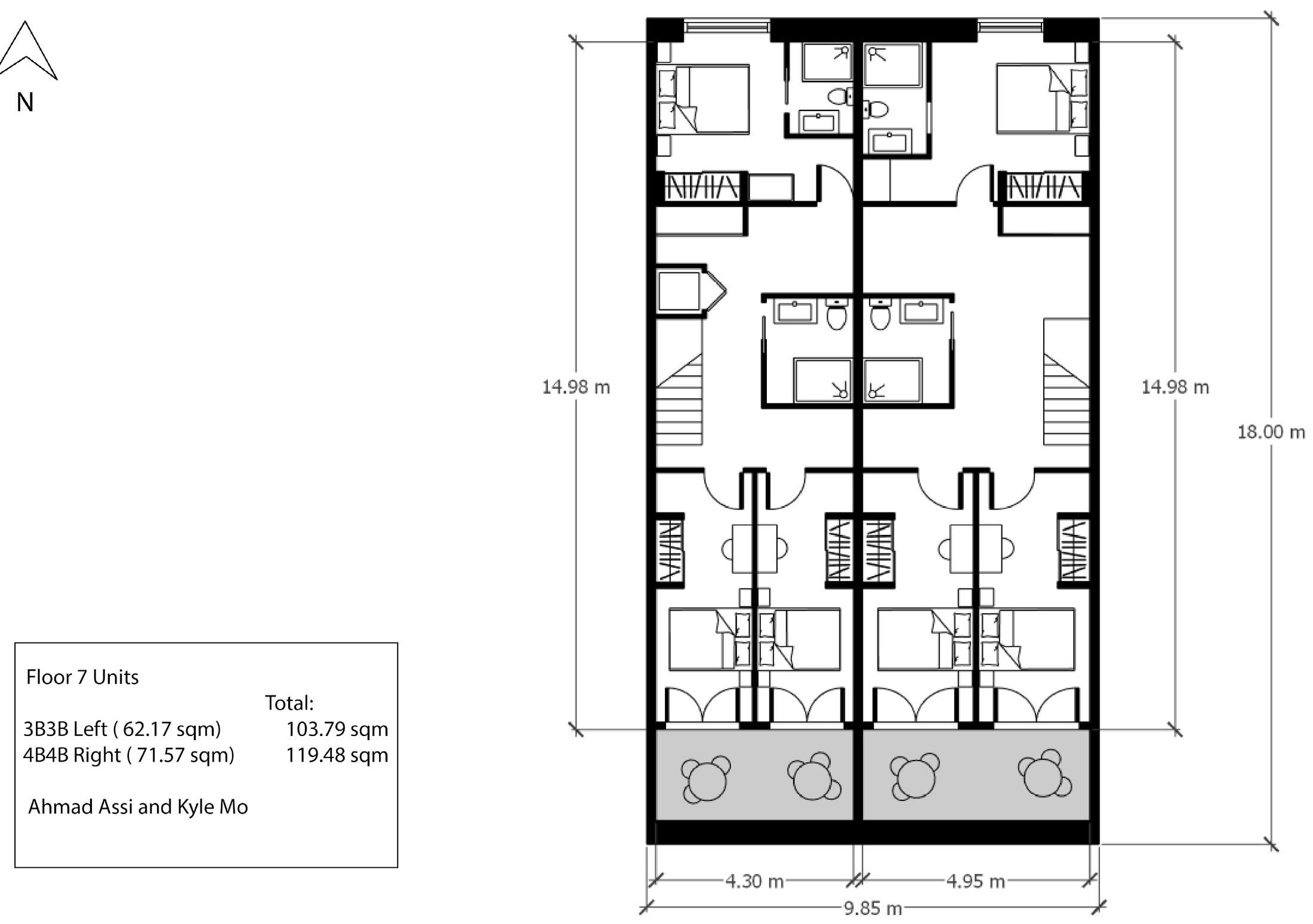 Dimensioned plan of the upper level of the two-storey units, the three-bedroom to the left and the four-bedroom to the right, with areas tabulated alongside