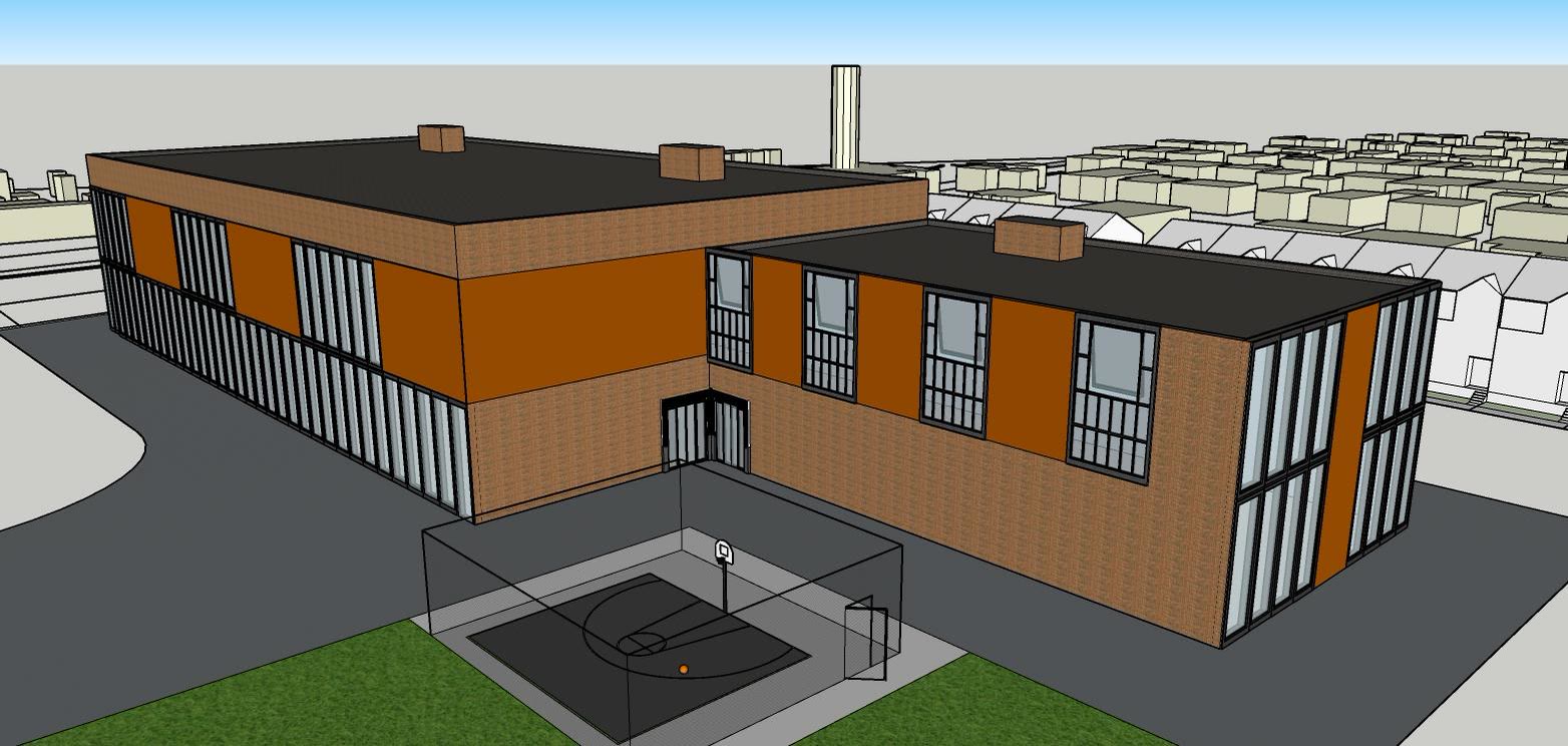 The brick community building on the corner of the site, two storeys with a deep window rhythm