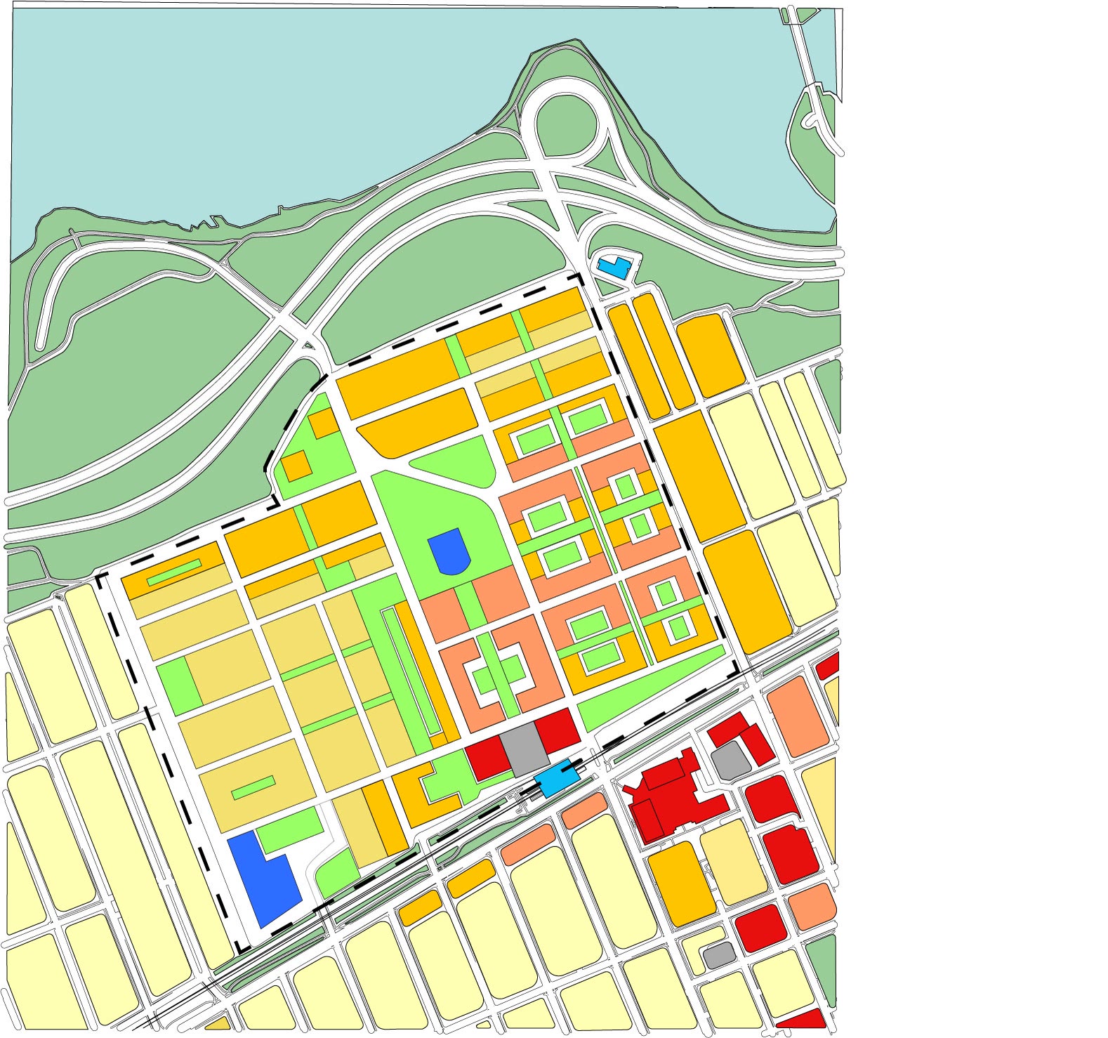 Land use layer with the site boundary dashed and the blocks coloured by use, from residential through commercial to institutional