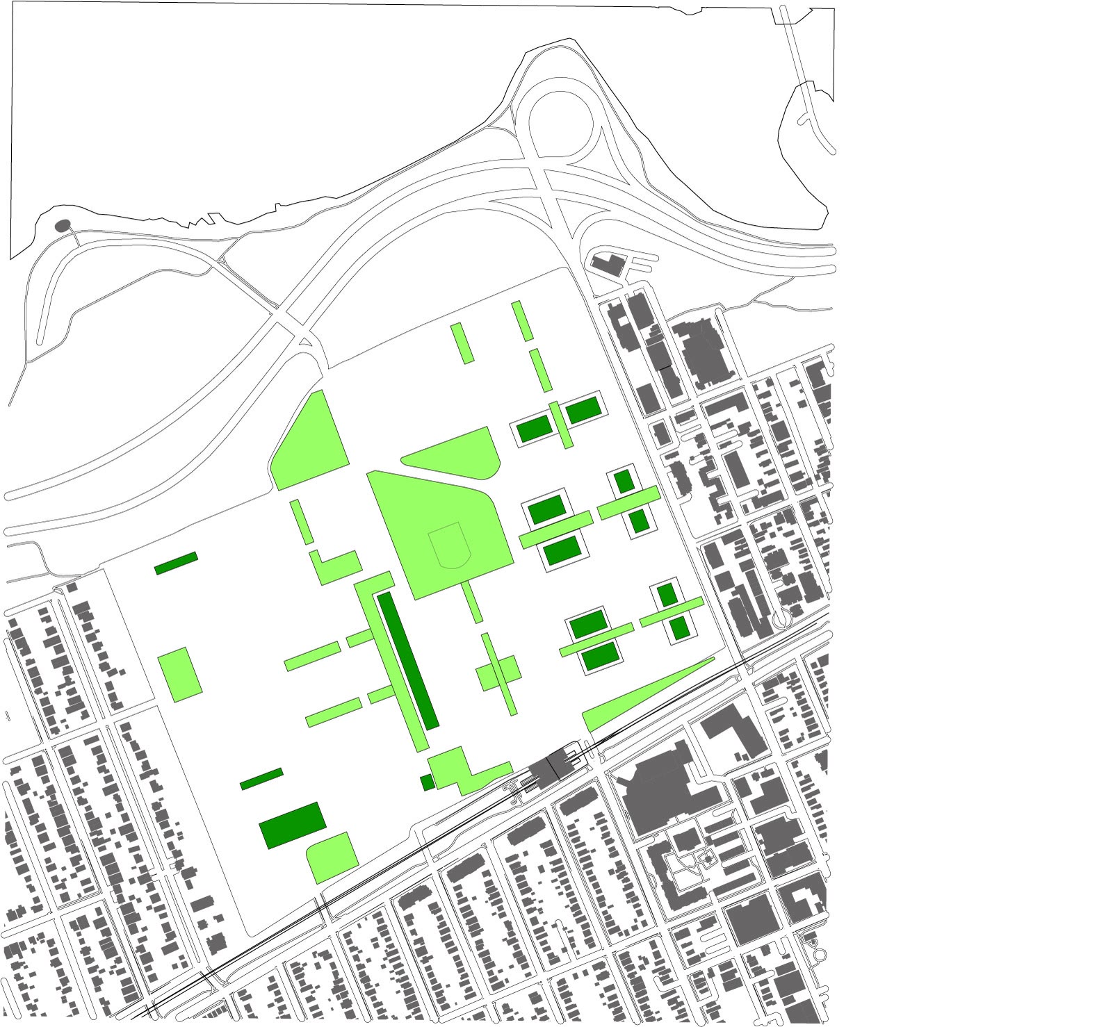 Parks layer with every piece of public green picked out against the grey of the built form