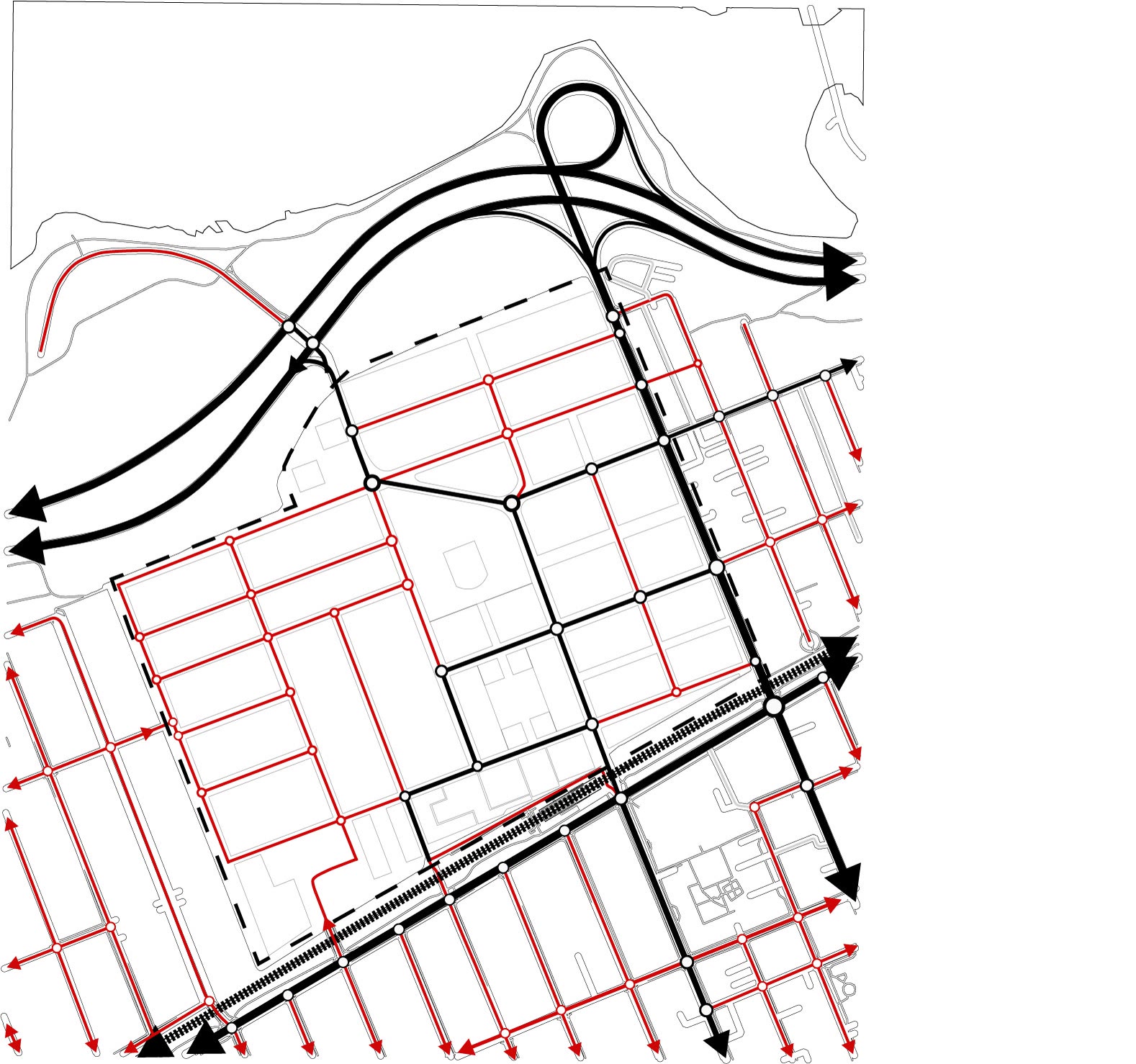 Circulation layer with the vehicle network in red and the main pedestrian desire lines drawn over it as arrows