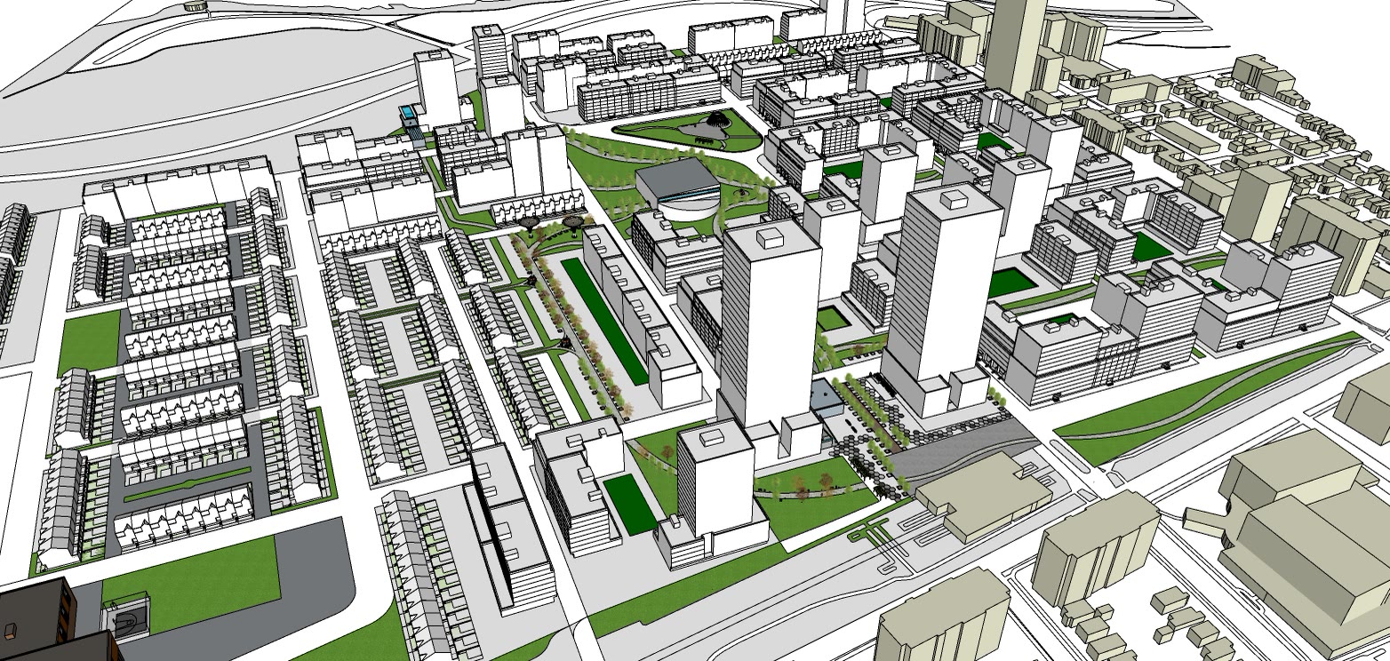 Aerial from the north with the street grid, the courtyard blocks and the planted courts between them