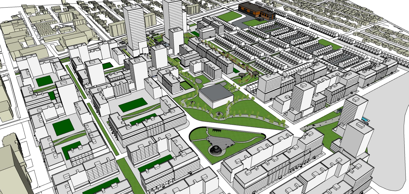 Bird's eye view across the district with the taller blocks to one side and the green corridor running past them