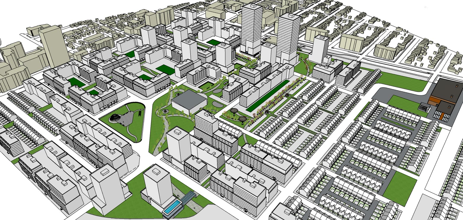 Aerial from the opposite corner showing the green courtyards stepping through the block pattern