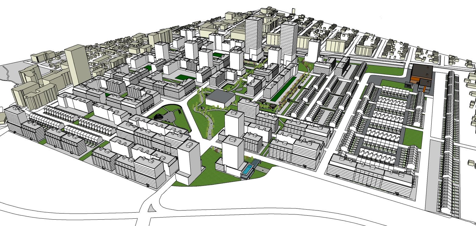 Aerial of the whole proposal with the buildings in white massing, the green open space threaded through it and the towers marking the centre