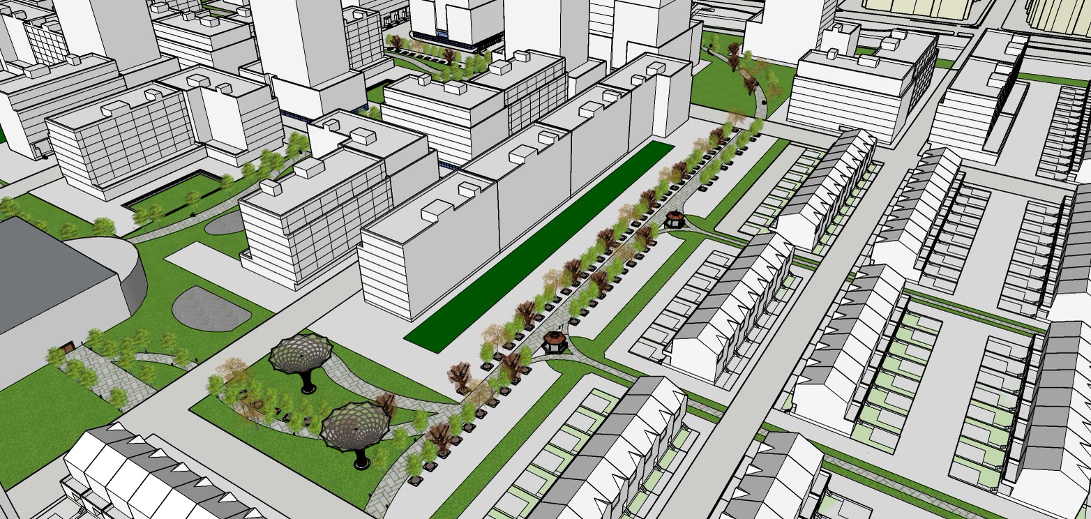 Aerial along the oval path with the planted central strip running between the blocks and the water edge beyond