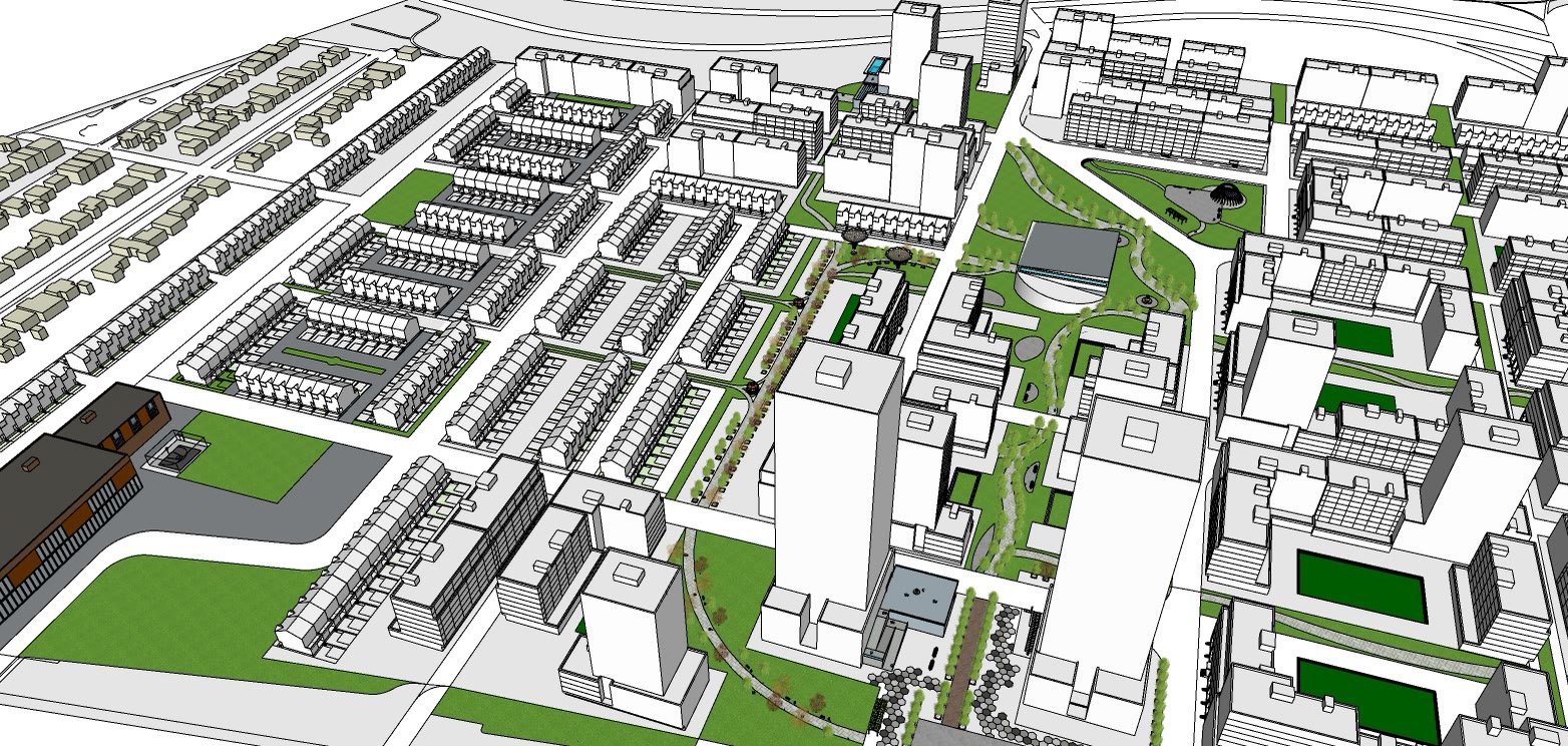 The oval path from above with the tree rows along it and the blocks either side