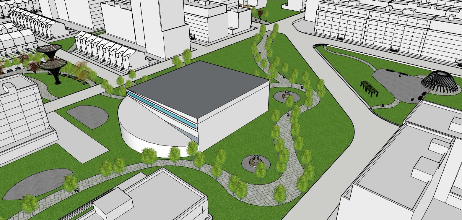 Aerial of the central park with paths crossing the green between the blocks