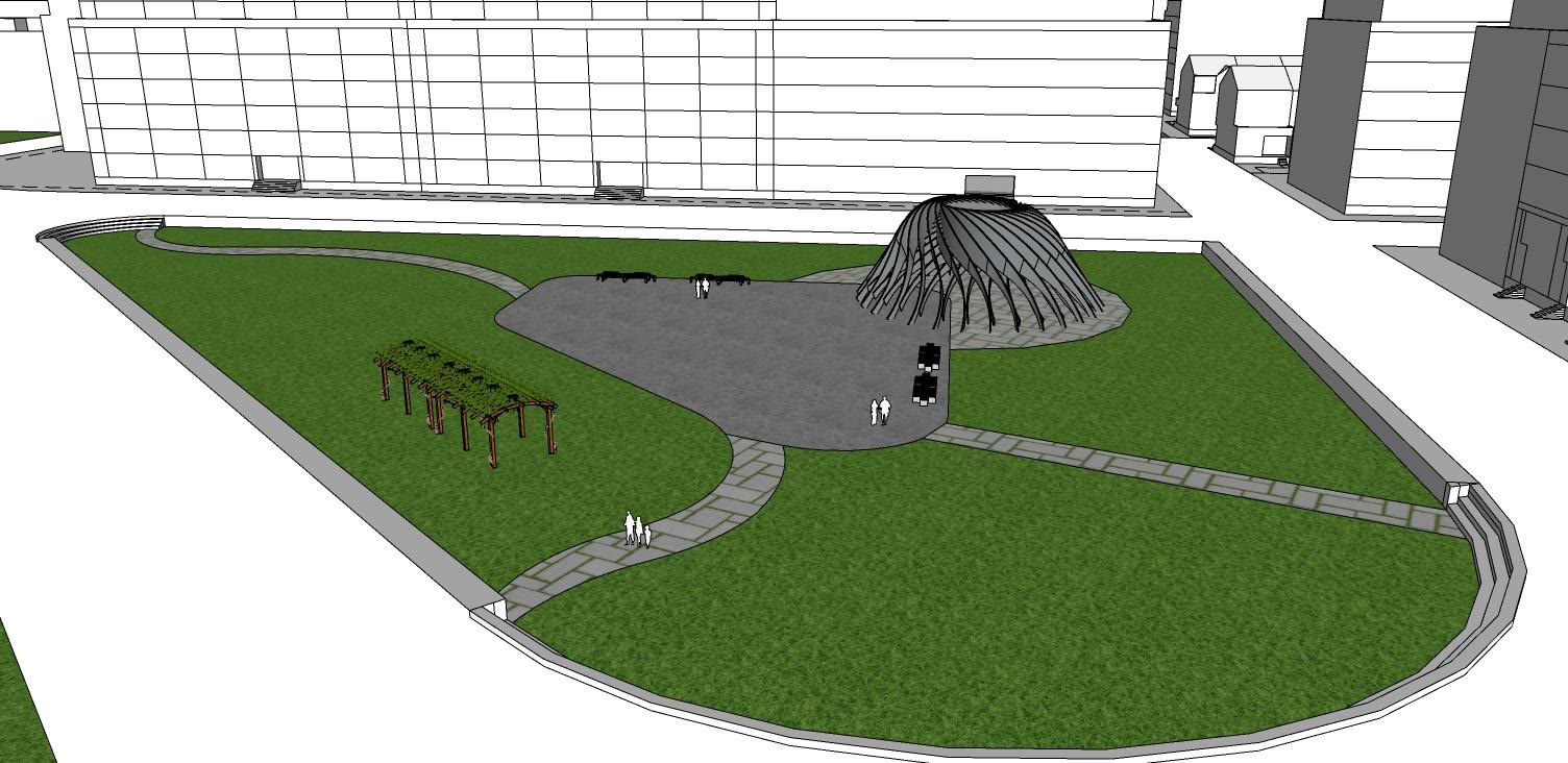 A dome pavilion on the lawn with a path curving past it