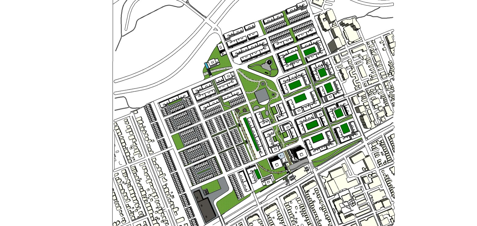 The ground plan in colour with the public open space filled in green against the built form