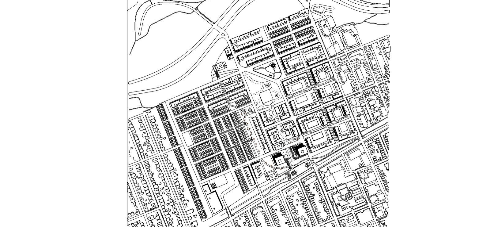 Final ground plan of the district drawn as line work, the block pattern and the open space set out across the whole site