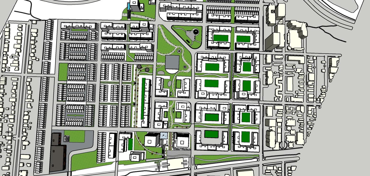 Top view of the proposal used as the key for the eye level views, the green roofs and open space picked out