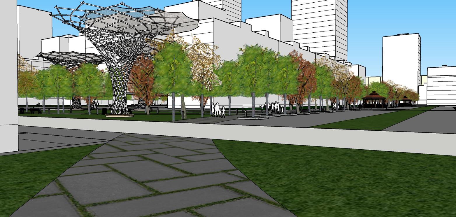 A paved walk under branching canopy structures with trees planted along both sides
